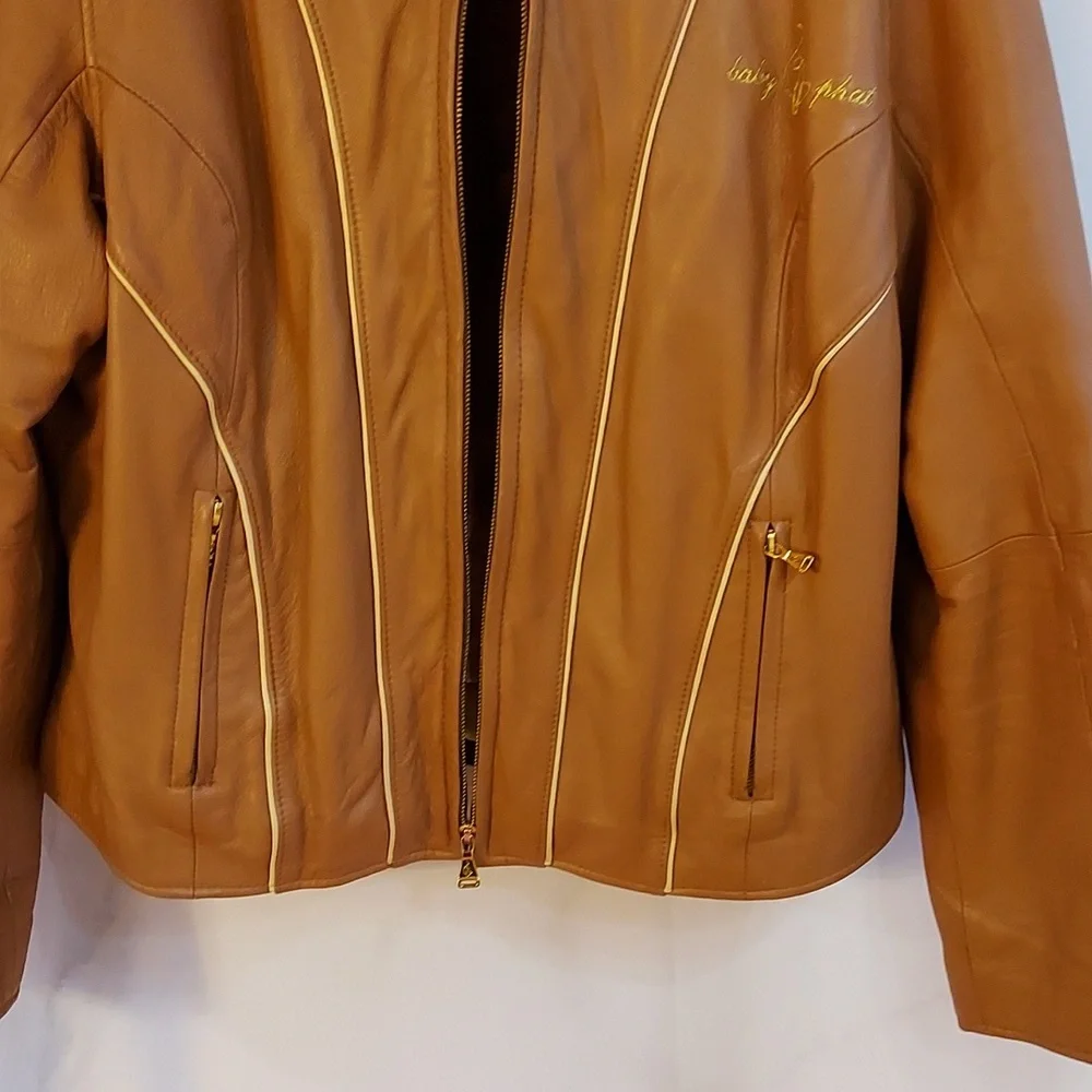 Baby Phat Women's Moto Leather Jacket Tan Cream Piping Removable Lining … - Picture 4 of 16